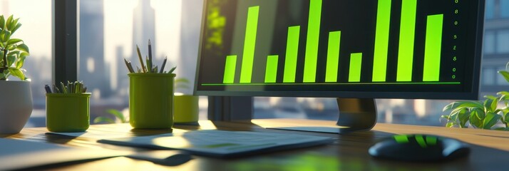 Poster - A modern workspace with a computer displaying green data visualizations and plants.