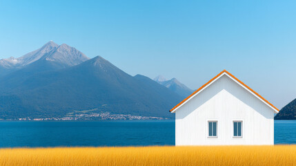 Wall Mural - Secluded Haven:  A white cottage stands serene against a backdrop of majestic mountains and a glistening lake, offering a tranquil retreat in nature. 