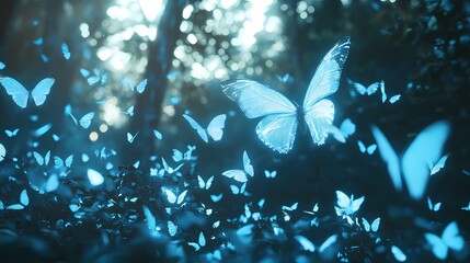digital technology forest blue glowing butterfly illustration poster background
