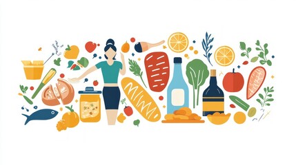 Wall Mural - A woman stands amidst various food icons representing a diverse selection of healthy ingredients.