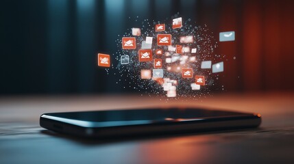 Poster - Digital Illustration of a Smartphone Surrounded by Floating Notification Icons and Messages, Emphasizing Connectivity and Modern Communication Trends