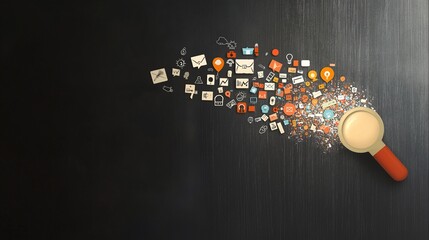Poster - Creative Illustration of a Magnifying Glass Surrounded by Colorful Icons Representing Digital Search, Data Exploration, and Online Connectivity in a Modern Design