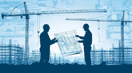 Fototapete - Civil engineers inspecting a detailed blueprint on a construction site with cranes and scaffolding in the background and side empty space for text Stockphoto style