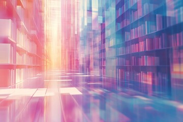 Aufkleber - A vibrant, abstract library space with colorful shelves and a glowing pathway.