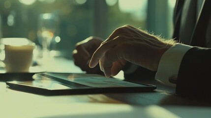 Poster - A person using a tablet, focused on the screen, with a coffee cup nearby.