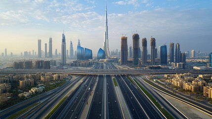 Poster - Aerial view of a modern cityscape showcasing roads bridges and emerging infrastructure with side empty space for text Stockphoto style