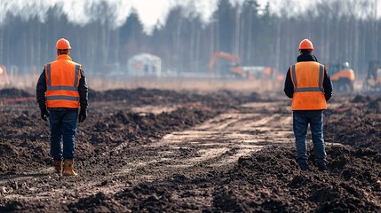 Aufkleber - Engineers in reflective vests analyzing soil samples at a construction site to determine foundation stability with side empty space for text Stockphoto style