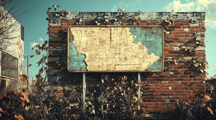 Poster - An abandoned structure featuring a weathered map sign, surrounded by overgrown vegetation.