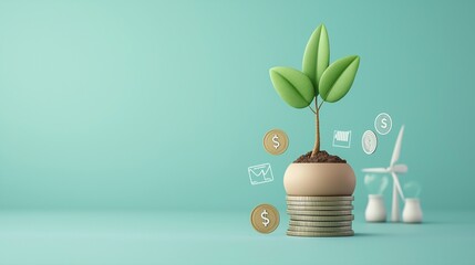 Poster - 3D Illustration of Eco-Friendly Growth Concept with Plant, Coins, and Symbols Representing Sustainable Finance and Investment in a Green Environment