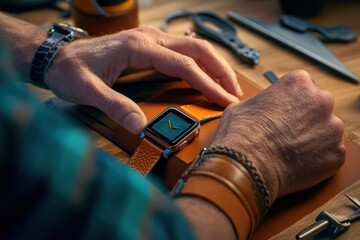 Poster - A person crafts a leather watch strap, showcasing attention to detail and craftsmanship.