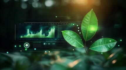 Poster - Futuristic Concept of Green Growth with Data Visualization Representing Nature's Progress and Technological Innovation in a Serene Environment