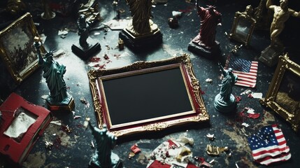 Poster - A cluttered table featuring statues, frames, and flags, suggesting themes of patriotism and history.
