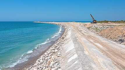 Fototapete - Coastal engineering project featuring wave breakers and sea walls under construction with heavy equipment and side empty space for text Stockphoto style