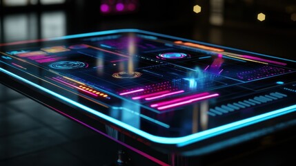 Aufkleber - A futuristic interactive table displaying vibrant digital interfaces and data visualizations.