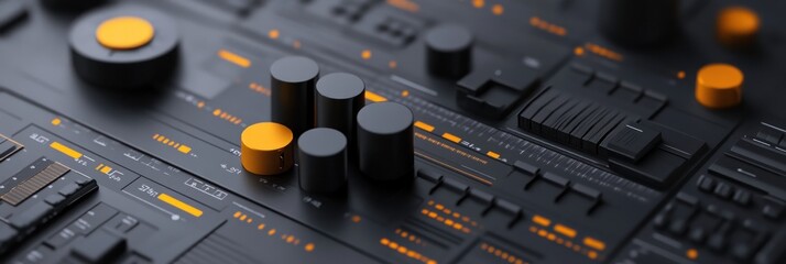 Aufkleber - Close-up of a modern audio mixer with knobs and buttons in black and orange.