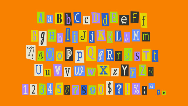 Collage font colorful cutout letters, cut pieces paper alphabet.Cuts from newspaper, anonymous message style.
