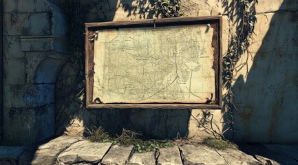 Poster - A weathered map displayed on a wall, surrounded by greenery, indicating a historical or geographical area.