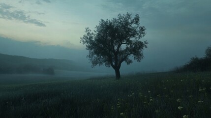 Poster - A tree stands alone in a field of tall grass