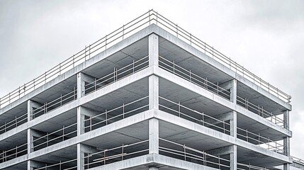 Fototapete - A multi-story parking structure under construction with visible scaffolding and steel frames and side empty space for text Stockphoto style