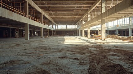 Fototapete - A multi-story parking structure under construction with visible scaffolding and steel frames and side empty space for text Stockphoto style