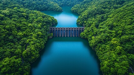 Fototapete - Overhead view of a hydroelectric dam showcasing intricate engineering and water flow management with side empty space for text Stockphoto style