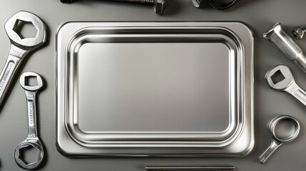 Poster - A metallic tray surrounded by various tools, suggesting a workshop or mechanical setting.