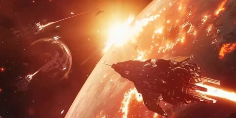 Wall Mural - intense space skirmish between futuristic starships near a blazing supernova, 4k video