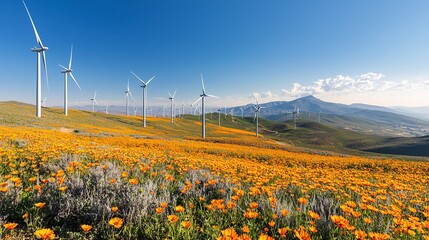 Fototapete - A field of wind turbines generating renewable energy under a clear blue sky with a focus on sustainability and side empty space for text Stockphoto style