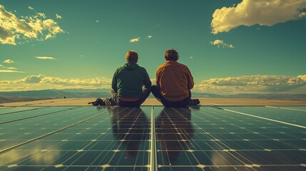 Fototapete - Technicians inspecting solar panels on a large installation site under bright sunlight with emphasis on clean energy and side empty space for text Stockphoto style