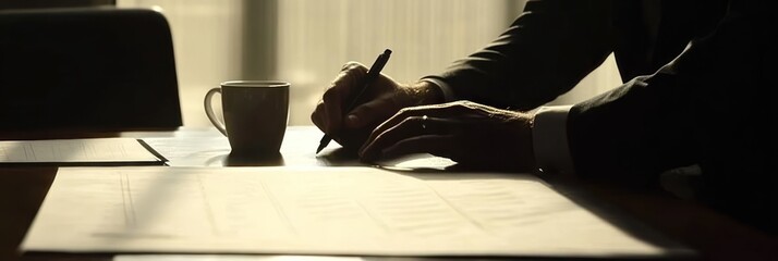 Poster - A person writing on paper with a cup nearby, suggesting a business or creative setting.