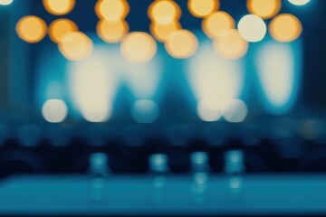 Poster - Blurry view of a conference or event space with soft lighting and tables.