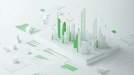 Poster - A 3D representation of data visualization with green elements and graphs.