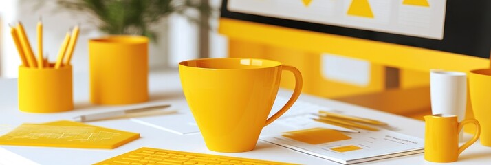 Poster - A vibrant workspace featuring yellow stationery and decor for a creative environment.