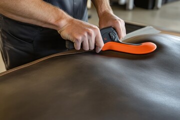 Poster - A person using a tool to cut or shape leather in a workshop setting.