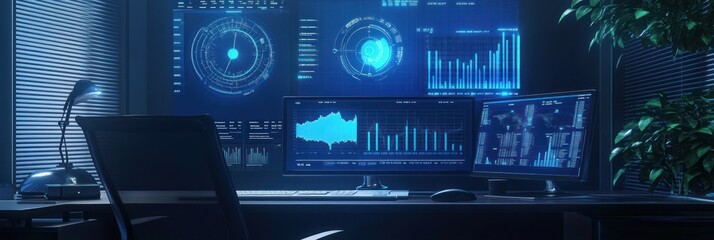 Poster - A high-tech workspace featuring dual monitors displaying data and analytics.