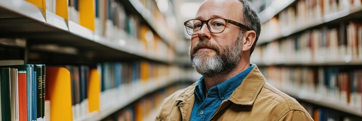 Aufkleber - A man in glasses stands in a library aisle, surrounded by books on shelves.