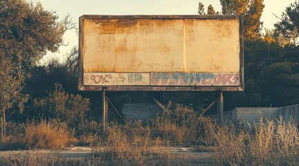 Poster - An abandoned billboard in a natural setting, overgrown with grass and surrounded by trees.