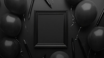 Poster - A minimalistic black-themed arrangement with balloons, pens, and a blank frame.