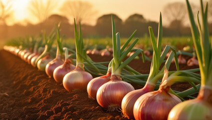 Wall Mural - Onions Crops Harvest at Farm Field, Organic Cultivated Onion Vegetables, Agriculture and Farming