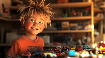 Aufkleber - A joyful child with messy hair smiles at a collection of toy cars on a table.