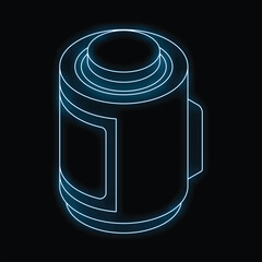 Poster - Blue neon style icon of a photo film roll glowing on black background, photography concept