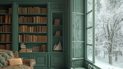 Poster - Cozy library with bookshelves and a snowy landscape outside.