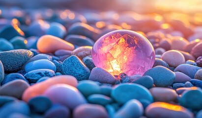 Poster - Beautiful violet crystal sphere resting among smooth colorful pebbles illuminated by warm sunset glow on a serene beach, creating a captivating and tranquil scene