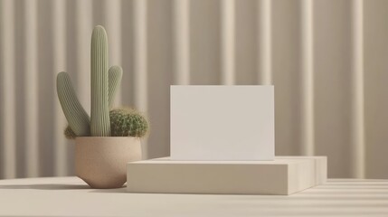 Poster - A minimalist scene featuring a cactus in a pot and a blank card on stacked blocks.