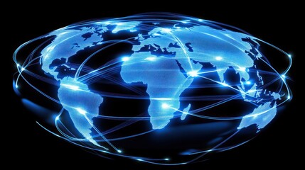 Poster - A digital representation of a global network with interconnected lines and glowing continents.
