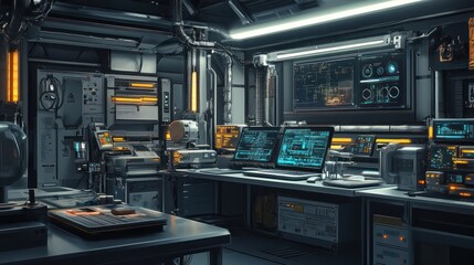 Poster - A futuristic control room filled with advanced technology and monitoring equipment.