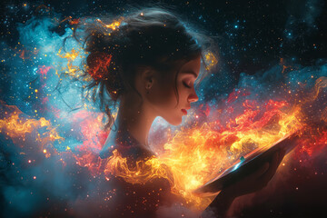 Wall Mural - A creative design of a woman holding an LP record, her outline blending into a double exposure of colorful soundwaves and a starry sky,