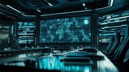 Poster - a modern conference room with a large screen displaying a world map and data analytics.