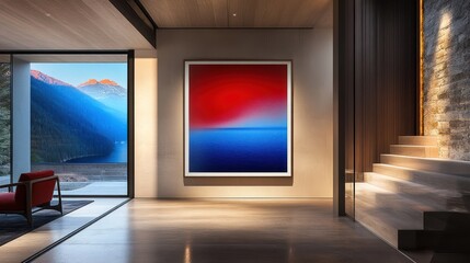Poster - A modern interior featuring a vibrant abstract artwork and a scenic view of mountains.