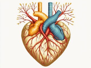 A detailed illustration of a heart, showcasing its chambers and blood vessels, emphasizing the intricate anatomy of human cardiovascular structure.